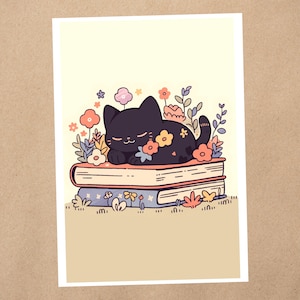 Impresión artística de 4 x 6 / Gato negro, libros y flores, amante de los libros, amante de los gatos / Postal de arte de anime kawaii / 263AP