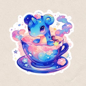 May include: A blue and pink cartoon character with a horn is sitting in a teacup with a pink and blue galaxy design. The teacup is on a saucer with a galaxy design.