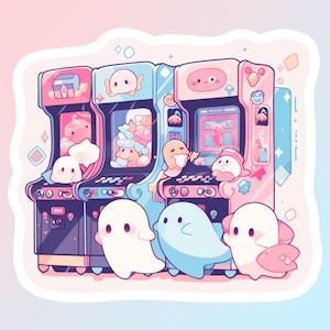 Kawaii Ghosts go to the Arcade Waterproof Vinyl Decal | Hydro Flask Cute Anime Sticker | Kawaii Spooky Sticker | 124