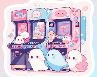 Kawaii Ghosts go to the Arcade Waterproof Vinyl Decal | Hydro Flask Cute Anime Sticker | Kawaii Spooky Sticker | 124