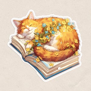 Cat Lover | Fluffy Orange Cat  | Pet Sticker | Spring Floral Reading Book Sticker | Waterproof Matte Vinyl 2.5 Inch Sticker