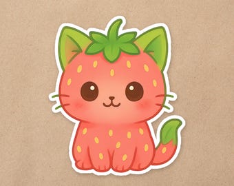 Kawaii Strawberry Kitty Cat | 2 inch Vinyl Sticker | Laptop Decal | Cute Fruit Waterproof Hydro Flask Vinyl Sticker