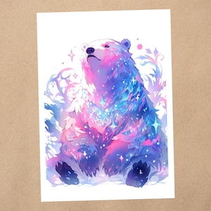 Impressão de arte 4 x 6 | Galaxy Bear, Space Bear, arte animal de fantasia | Cartão postal de arte de anime kawaii | 164AP