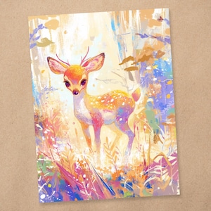 Impressão de arte 4 x 6 | Sweet Baby Deer, florestas mágicas | Cartão postal de arte | AP307