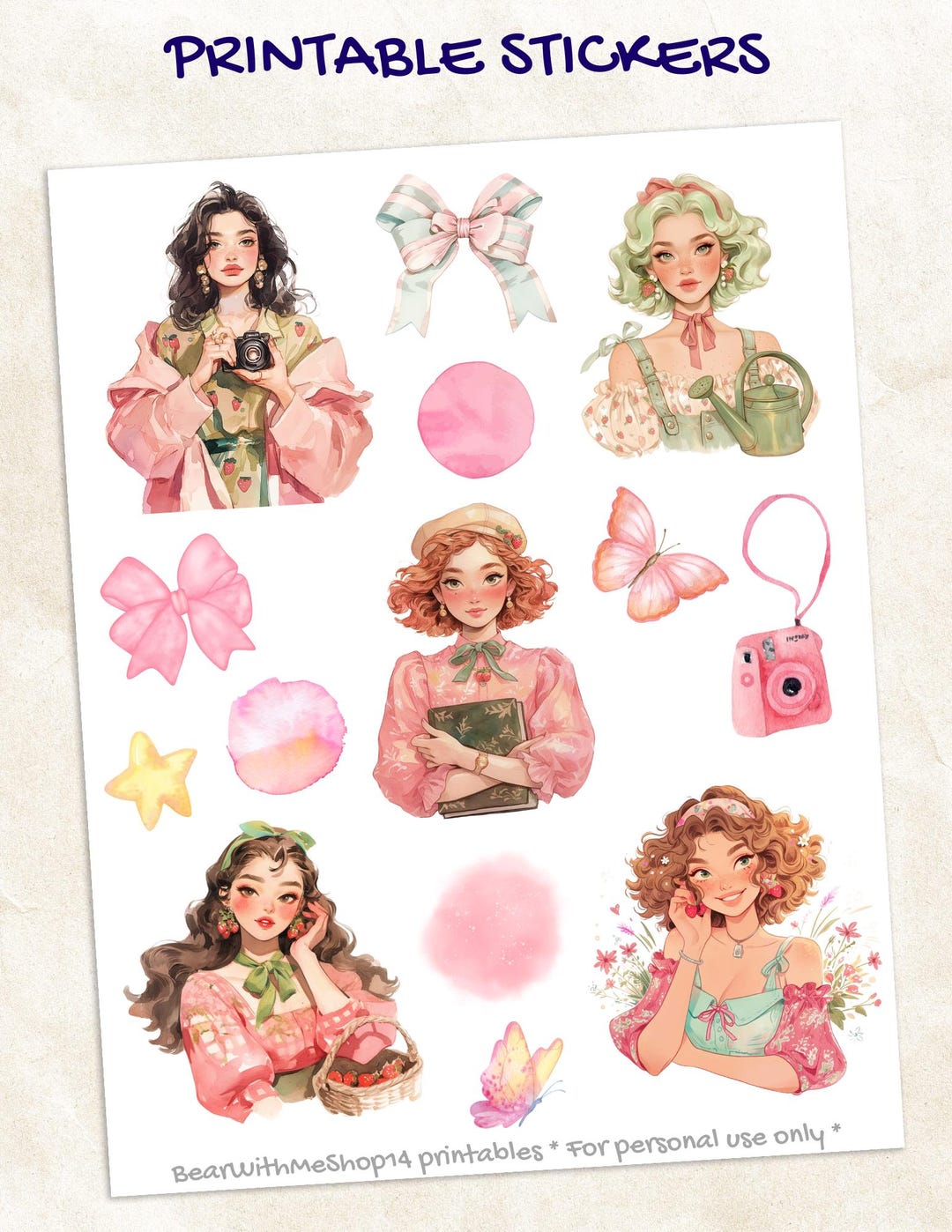 Printable Planner and Scrapbook Stickers | Paper Dolls, Watercolor Pink ...