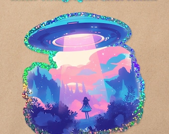 Alien Abduction Sci-Fi Glitter Sparkle holografische vinylsticker | Waterdicht kawaii-esthetische sticker voor waterflessen en laptops