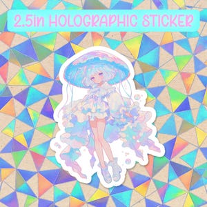 Jellyfish Anime Girl V2 Holographic Vinyl Sticker | Waterproof Kawaii Aesthetic Decal for Water Bottles&Laptops