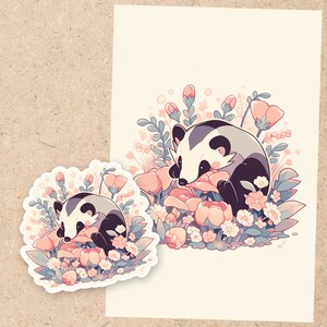 Adesivo de vinil ou impressão 4x6 | Kawaii Possum em flores | Adesivo à prova d'água para laptop | Amante de animais | Arte de anime japonesa | 967