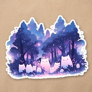 Kawaii Aesthetic Spooky Forest Vinyl Sticker | Adorable Cat Ghosts V1 | Waterproof Sticker | Cute Halloween Fantasy Planner Sticker | 346