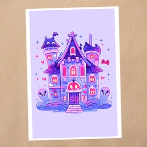 Impressão de arte 4 x 6 | Casa assombrada mágica e assustadora de Halloween | Cartão postal de arte de anime Kawaii Pastel World | 374AP