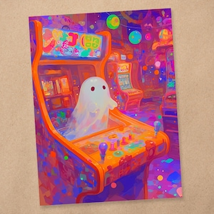Impressão de arte 4 x 6 | Fantasmas no fliperama | Arte de jogos mágicos surreais | Cartão postal de arte | AP305