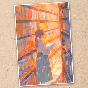 Vinyl Sticker or 4x6 Print | Fantasy Anime Bookstore | Laptop Waterproof Sticker | Book Lover | Nerdy Girl Japanese Art | 662