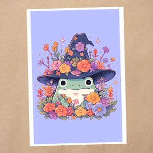 Impresión artística de 4 x 6 / Dulce rana de Halloween con flores, flores de octubre, flores de otoño / Postal de arte de anime kawaii / 337AP