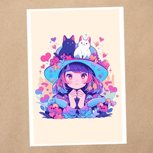 Impressão de arte 4 x 6 | Bruxa de gato assustador de Halloween mágico | Cartão postal de arte de anime Kawaii Pastel World | 362AP