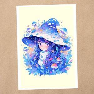 10x15 Kunstdruck | Abend-Waldpilz Mädchen, Natur-Hexe | Kawaii Anime Kunst Postkarte | 237AP