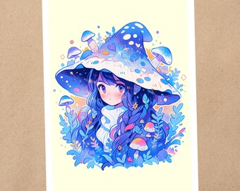 4 x 6 Art Print | Evening Forest Mushroom Girl, Nature Witch | Kawaii Anime Art Postcard | 237AP