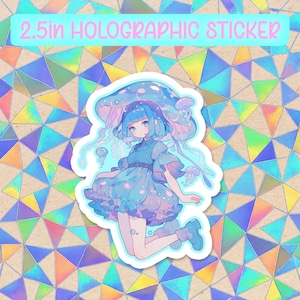 Jellyfish Anime Girl V1 Holographic Vinyl Sticker | Waterproof Kawaii Aesthetic Decal for Water Bottles&Laptops