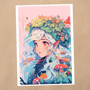 4 x 6 Art Print | Forest Mushroom Girl, Nature Witch | Kawaii Anime Art Postcard | 176AP