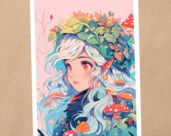 4 x 6 Art Print | Forest Mushroom Girl, Nature Witch | Kawaii Anime Art Postcard | 176AP