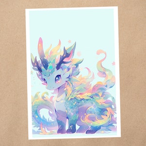 Impressão de arte 4 x 6 | Dragão mágico do arco-íris | Cartão postal de arte de anime Kawaii Pastel World | 382AP