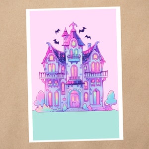 Impressão de arte 4 x 6 | Casa assombrada mágica e assustadora de Halloween | Cartão postal de arte de anime Kawaii Pastel World | 376AP