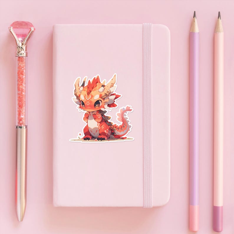 a pink notebook with a sticker of a baby dragon next to it