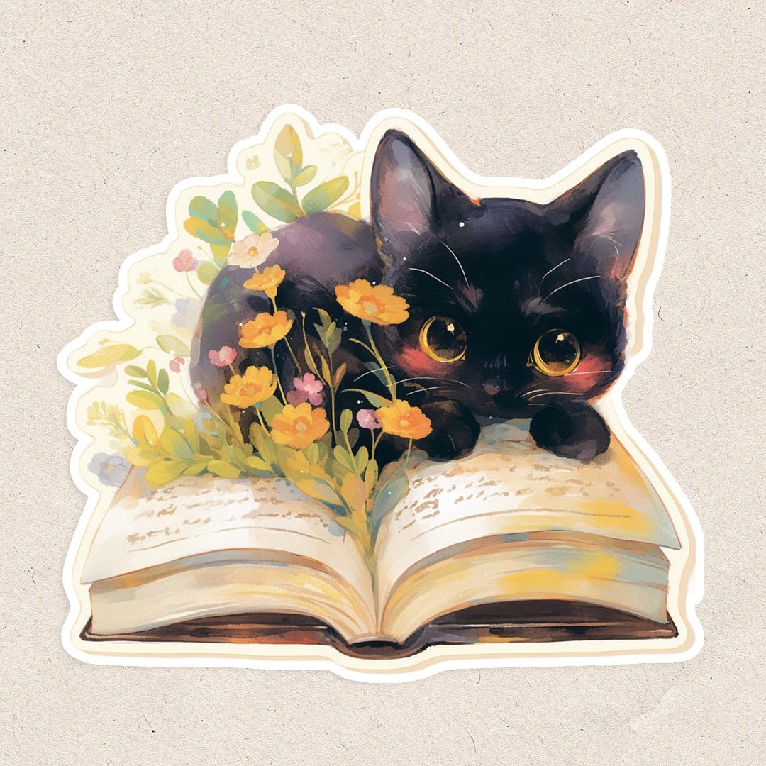 Cat Lover | Black Kitty | Pet Sticker | Spring Floral Reading Book ...