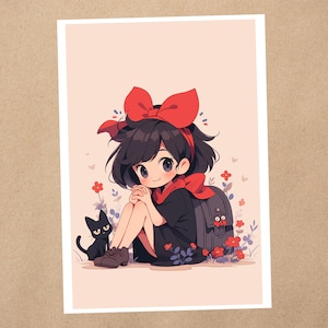 Impresión artística de 4 x 6 / Arte de fan de Studio Ghibli, Kiki's Delivery, Adorable colegiala / Postal de arte de anime kawaii / 116AP