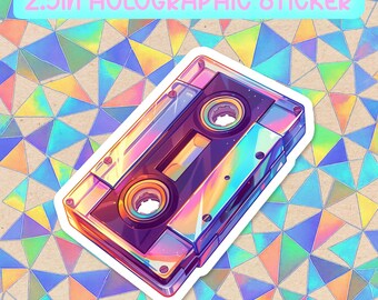 Retro Cassette Tape Music Holographic Vinyl Sticker | Waterproof Kawaii Aesthetic Decal for Water Bottles&Laptops