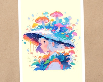 4 x 6 Art Print | Sweet Forest Mushroom Girl, Nature Witch | Kawaii Anime Art Postcard | 233AP