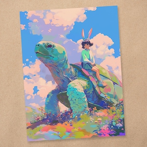 Impressão de arte 4 x 6 | Tartaruga e a lebre | Arte de anime de natureza mágica e fantástica | Cartão postal de arte | AP300