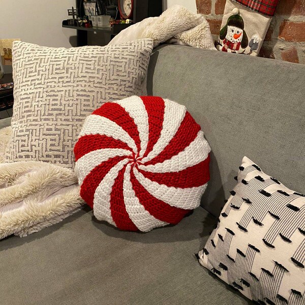 Handmade Decorative Peppermint Pillow, round crochet pillow.