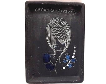 c.1950s Sgraffito Trinket Dish... Italian Matte Black Ceramic... Lady's Face... Ceramica Rizzotti