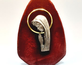 Mid Century Mary picture... Religious Catholic... MCM Metal on Velvet... Free Standing or Wall Art