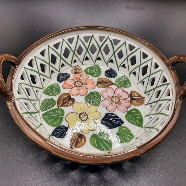 Vintage Floral Reticulated Basket... Sweets Bowl Dish... Vintage Thai Faience Majolica... Made in Thailand... Brown Pink Yellow Green