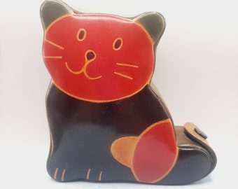 Vintage Cat Money Box... Dyed Leather... c.1990s Red Black Tan... Piggy Bank