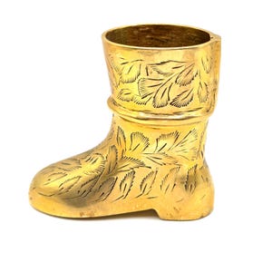 Brass Boot Posy Vase, Indian Etched Brass Match Pot Leaf Pattern Novelty