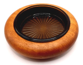 c.1970s Wood & Glass Ashtray... Mid Century Modern Design... Smoky Glass Bowl... Wooden Nut Dish
