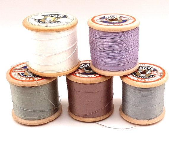 5x Vintage Wooden Cotton Reels All Dewhurst's 'sylko' Pale Blue Grey  Lilac Threads Remaining 