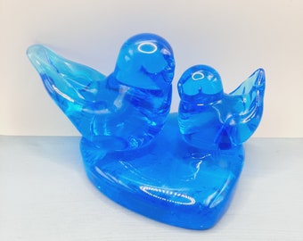 Bluebird of Happiness Ornament... Large & Small Birds... Bright Blue Heart Base... Signed Leo Ward 1995