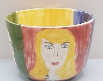 Portraits Art Pottery Bowl... Hand Painted Characters... Signed 'Kaba'... Bright Hand Painting