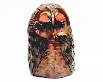 Studio Pottery Owl Ornament... Handmade Art Pottery... Owl Bird Figurine... Dark Brown Glaze... Red Clay