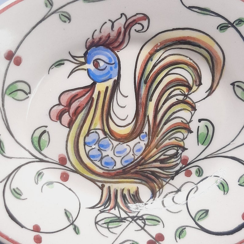 Anfora Agueda Trinket Dish... Hand Painted Cockerel... Vintage Portuguese Faience... Majolica Rooster image 2