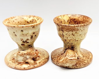 Pair Stoneware Animal Egg Cups... Gerald & Lyn Grant Fangfoss... Pig Hedgehog... Handmade Studio Pottery