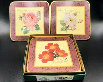 6x Botanical Flower Coasters... Cloverleaf Laminated... Boxed Set... Cork Backed... Rose Anemone Narcissa