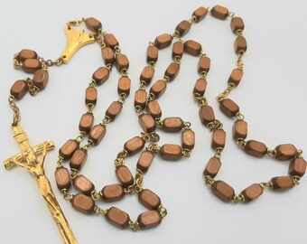 Vintage Our Lady of the Snows Rosary... Goldtone Metal... Fruitwood Beads... Brutalist Style