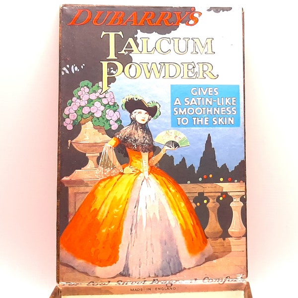 c.1930s Dubarry Talc Boîte de poudre... Crinoline Lady... Pièce publicitaire... Boîte en carton lourde... Illustration Art Déco