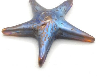 Iridescent Glass Starfish Paperweight... Shimmering Blue Lustre Glass...  Brown Base Colour... Dichroic Glass... Signed?