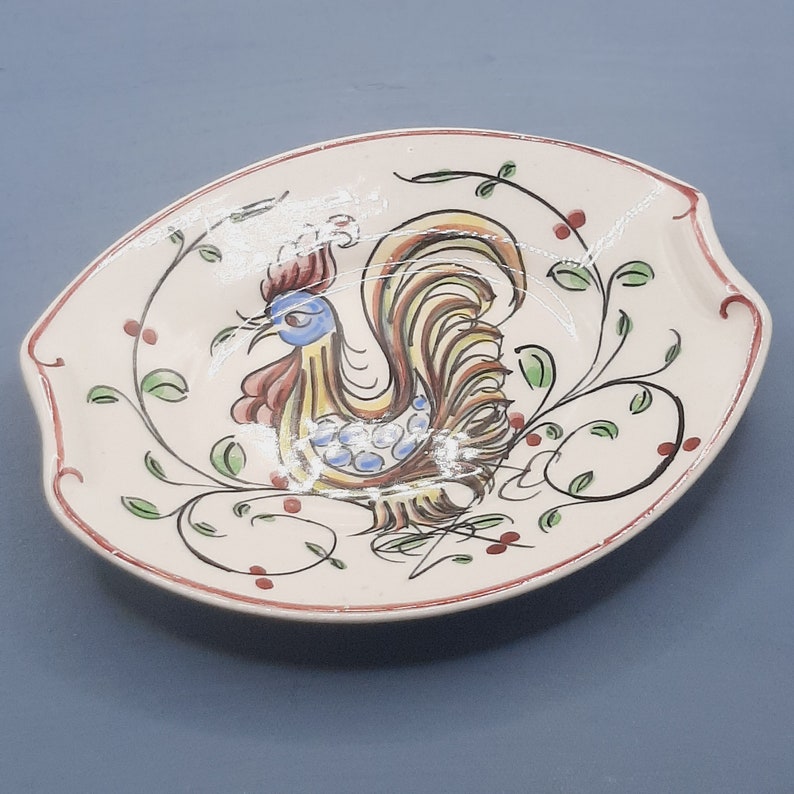 Anfora Agueda Trinket Dish... Hand Painted Cockerel... Vintage Portuguese Faience... Majolica Rooster image 1
