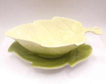 Carlton Ware Small Sauce Boat and Plate... Leaf Shape... Dinner Table... Novelty... Two Tone Green... Gravy Dish